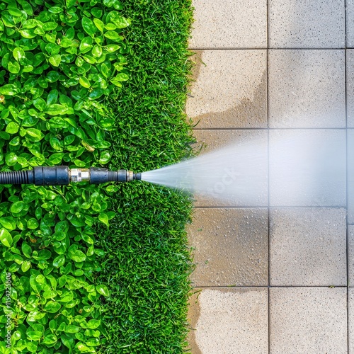 A high-pressure hose sprays water on a pathway, contrasting with lush green grass and plants.
