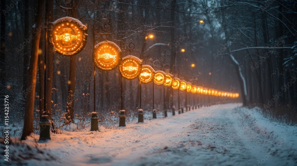 A snowy path illuminated by glowing lanterns in a tranquil forest setting. A snowy path illuminated by glowing lanterns in a tranquil forest setting.