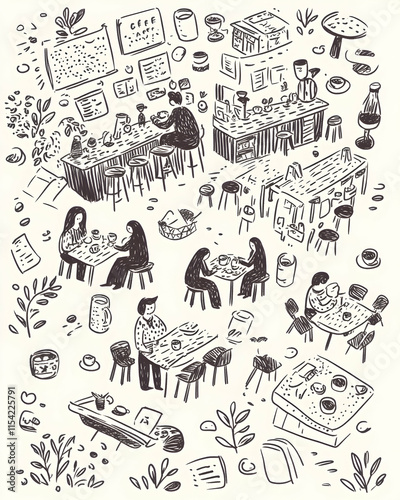 Busy Coffee Shop Sketch People enjoying coffee, cafe interior, menu boards, busy atmosphere, perfect for cafe marketing.