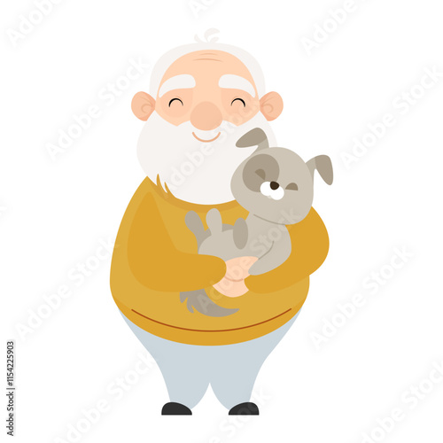 Senior elderly man with a dog in his arms