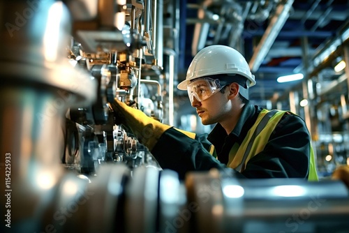 Industrial engineer wearing safety glasses and hardhat operating complex machinery in modern heavy industry factory, ensuring smooth operation and production