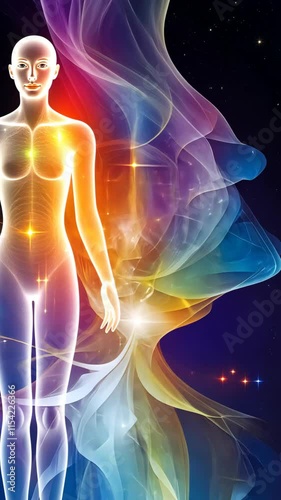 Energy fields and aura representation illustrating a human figure in a colorful, ethereal design against a dark background