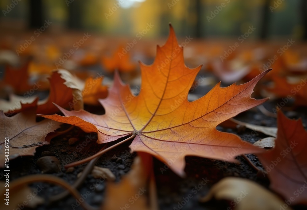 A single autumn leaf lies on the ground surrounded by other fallen leaves. A single autumn leaf lies on the ground surrounded by other fallen leaves.