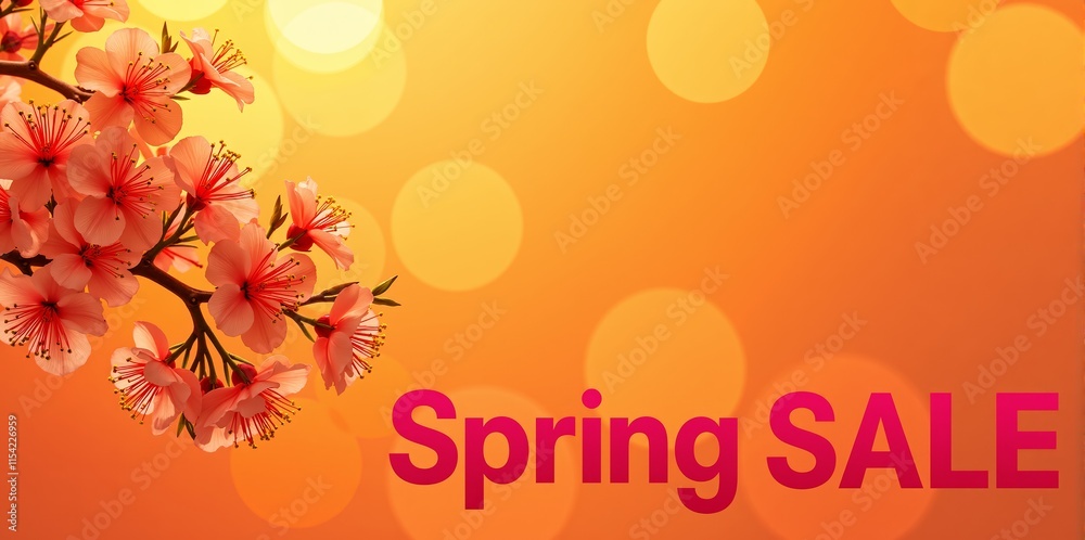 Naklejka premium Spring SALE with blooming cherry blossoms on orange background
