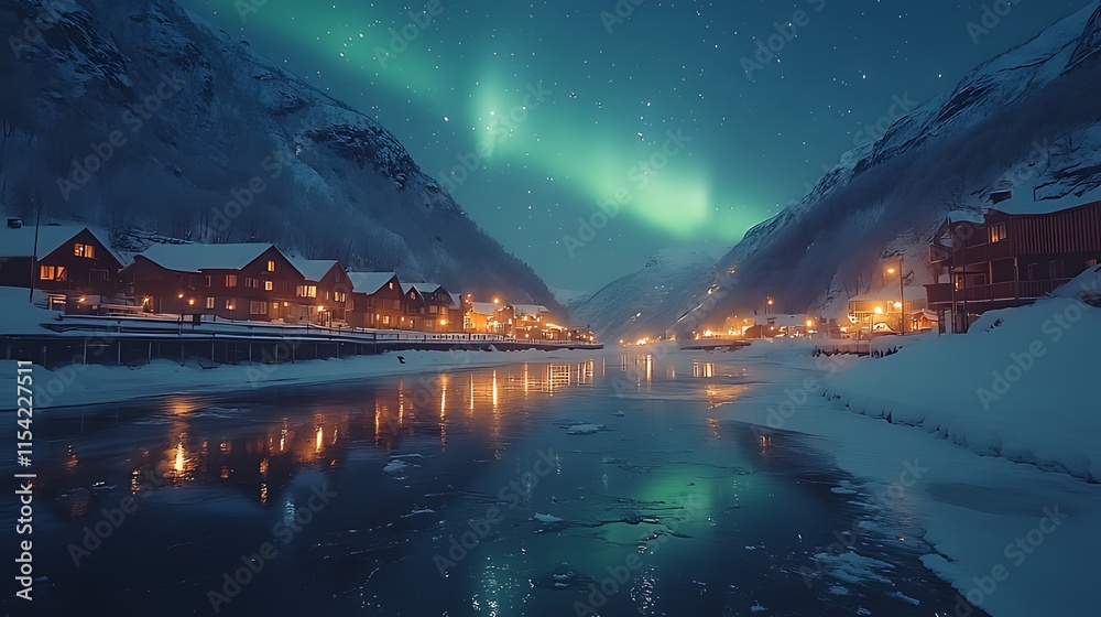 Fototapeta premium Northern lights illuminate a serene snow-covered village nestled between mountains, reflected in a frozen river.