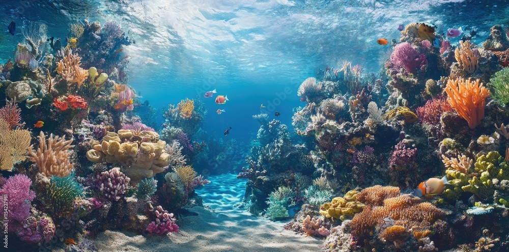 Naklejka premium Vibrant Coral Reef Ecosystem Underwater Scene With Colorful Fish