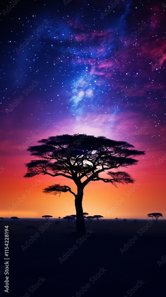 Lone Acacia Tree Silhouette at Twilight in the African Savanna Lone Acacia Tree Silhouette at Twilight in the African Savanna