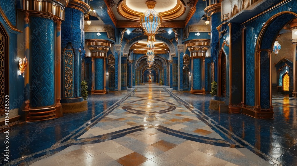 Obraz premium Luxurious blue and gold palace hallway with ornate columns and chandeliers.