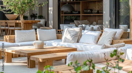 Wallpaper Mural Sunlit outdoor patio with white cushions and wooden furniture. Torontodigital.ca