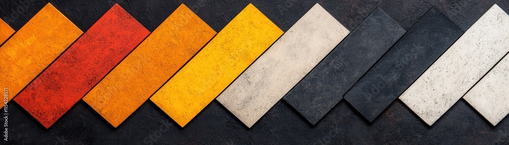 A vibrant pattern of diamond-shaped tiles in various colors, including red, orange, yellow, gray, and white, arranged in a striking diagonal layout. A vibrant pattern of diamond-shaped tiles in various colors, including red, orange, yellow, gray, and white, arranged in a striking diagonal layout.