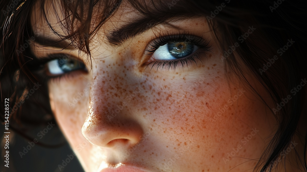 Close-Up Portrait of Beautiful Woman with Freckles, Blue Eyes, and Dark Brown Hair in Sunlight Close-Up Portrait of Beautiful Woman with Freckles, Blue Eyes, and Dark Brown Hair in Sunlight