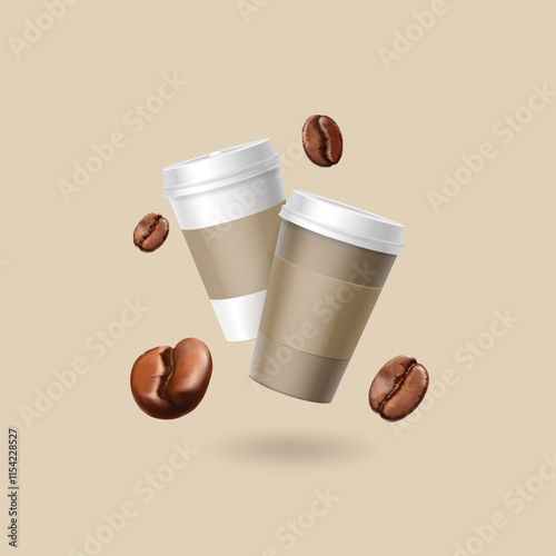 Paper cups with coffee and realistic coffee beans flying around. Realistic cardboard container for coffeeshop.. Hot takeaway cappuccino