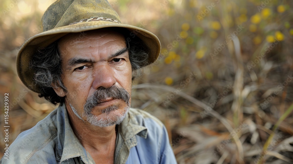 Close-up portrait of a weathered man in a hat, outdoors. Close-up portrait of a weathered man in a hat, outdoors.
