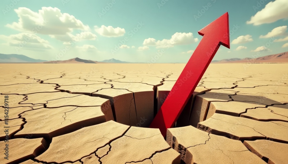 Fototapeta premium Artistic portrayal of cracked desert landscape with large red arrow sinking into earth signifying recession