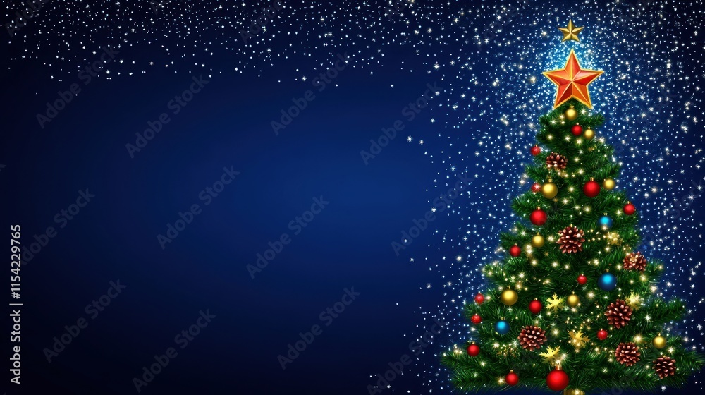 Decorated Christmas Tree Festive Blue Background Sparkling Snow Decorated Christmas Tree Festive Blue Background Sparkling Snow