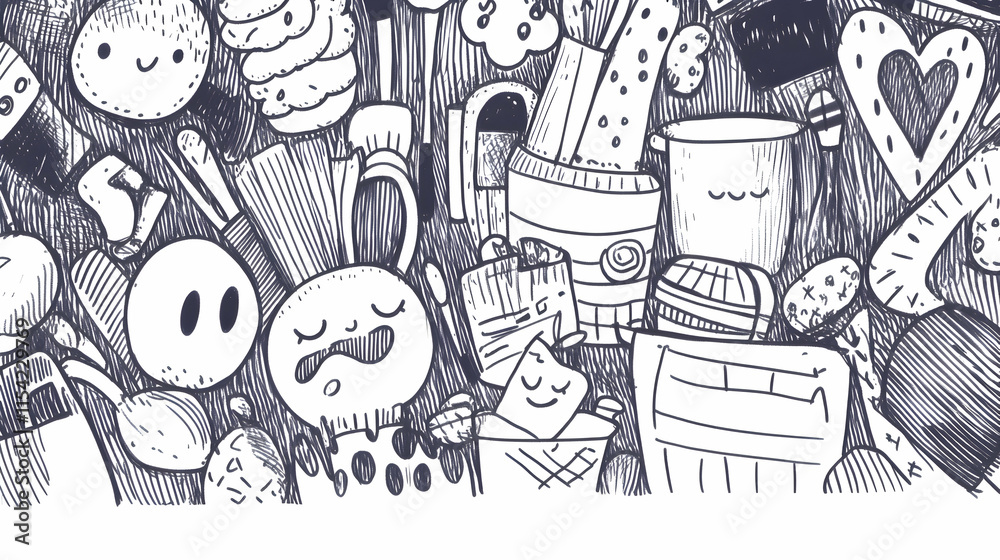 Obraz premium Doodle art background illustration of cute characters, stationery, and food items on dark background for social media.