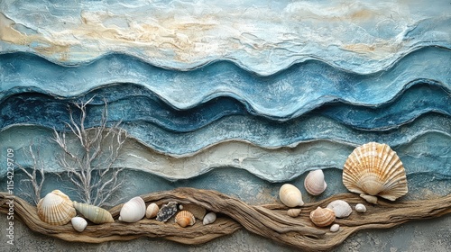 Seashells and Driftwood on a Textured Ocean Background photo