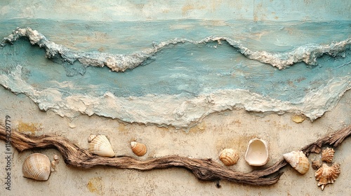 Seascape Painting with Driftwood and Seashells photo