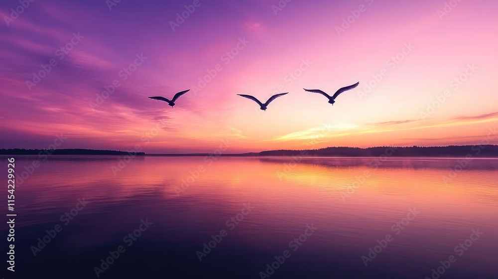 Obraz premium Serene Sunset Over Calm Water with Flying Birds at Dusk