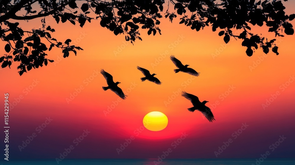 Naklejka premium Silhouetted Birds Flying Against a Vibrant Sunset Sky