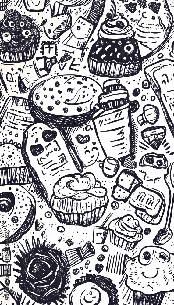 Naklejka premium Doodle Bakery Sweets Pattern Background for Food Blog, Website, or Packaging.