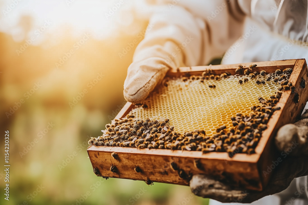 Professional Beekeeper Holding Honeycomb Frame with Bees in Protective Suit for Sustainable Honey Farming in Rural Apiary Professional Beekeeper Holding Honeycomb Frame with Bees in Protective Suit for Sustainable Honey Farming in Rural Apiary