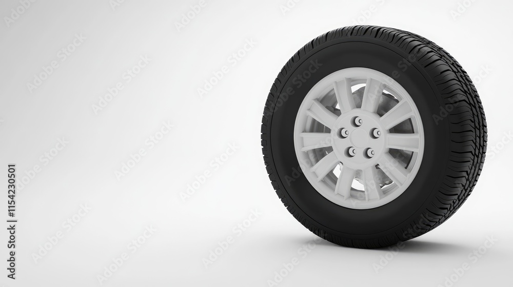 Obraz premium White Alloy Wheel with Black Tire on Minimalist Background