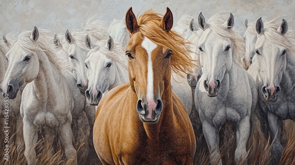 Fototapeta premium A striking scene featuring a brown horse leading a herd of white horses. The central horse stands out vividly, exuding strength and leadership. Perfect for themes of freedom, nature, and wildlife.. AI