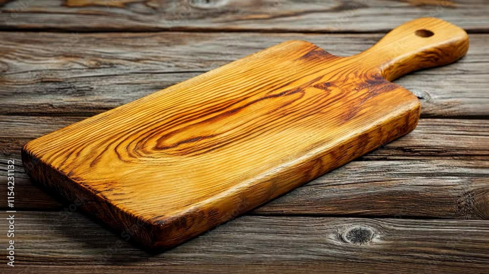Rustic wooden cutting board resting on a weathered wooden table surface showcasing grain patterns and craftsmanship