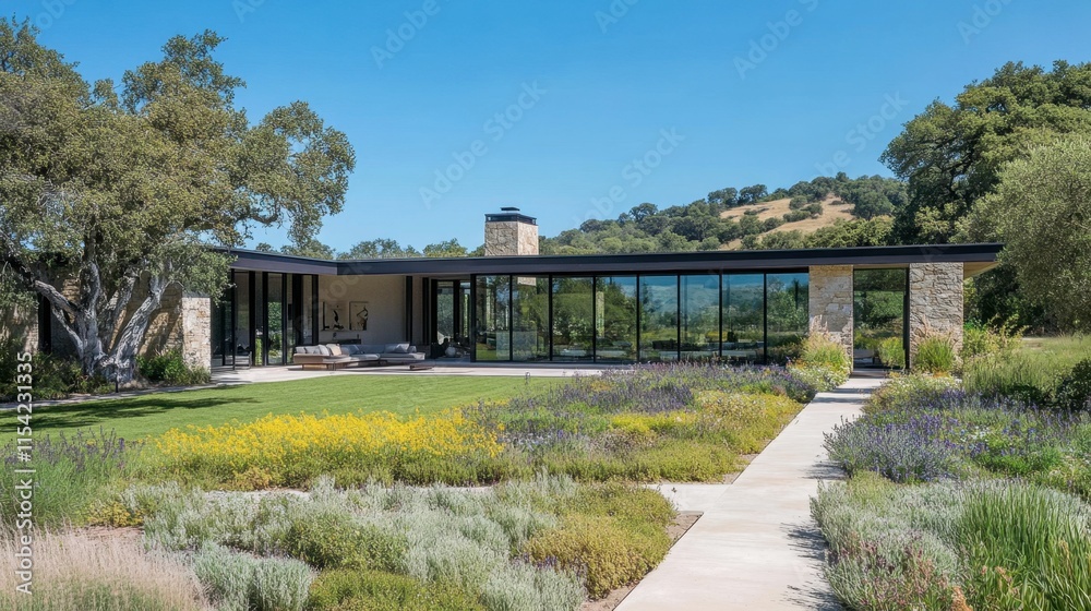 Modern Glass House Surrounded by Lush Greenery and Vibrant Landscape Modern Glass House Surrounded by Lush Greenery and Vibrant Landscape