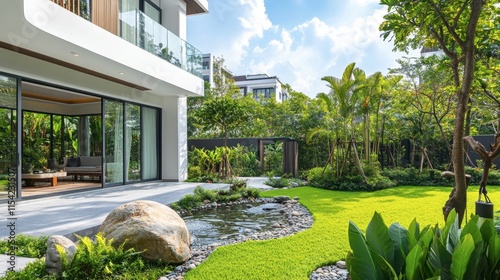 Modern Home Exterior with Lush Garden and Peaceful Water Feature