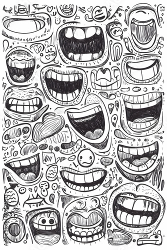 Doodle mouths laughing expressions graphic design illustration background.