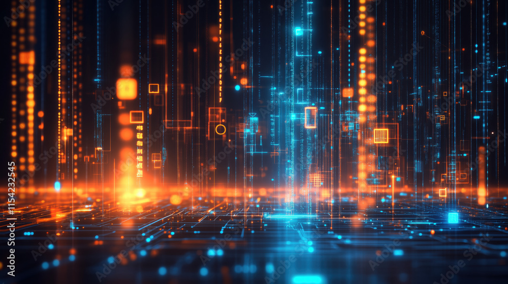 Fototapeta premium Futuristic Digital Background Featuring Glowing Data Streams, Circuit Patterns, and Vibrant Gradients, Perfect for Illustrating Neural Networks, AI Development, Data Encryption