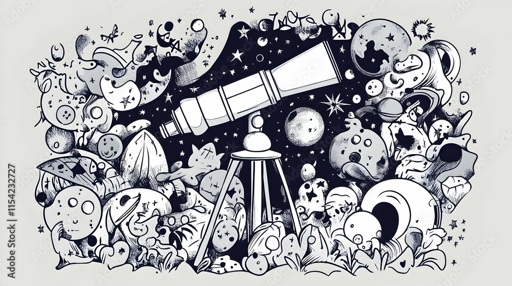 Obraz premium Doodle Space Telescope Exploring Cosmos, Fantasy Background, Educational Illustration.