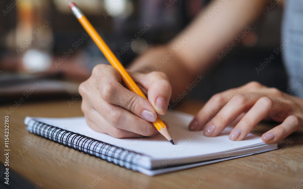 A close-up view of a person's hands, holding a yellow pencil and poised to write on a spiral-bound notebook placed on a wooden surface. A close-up view of a person's hands, holding a yellow pencil and poised to write on a spiral-bound notebook placed on a wooden surface.