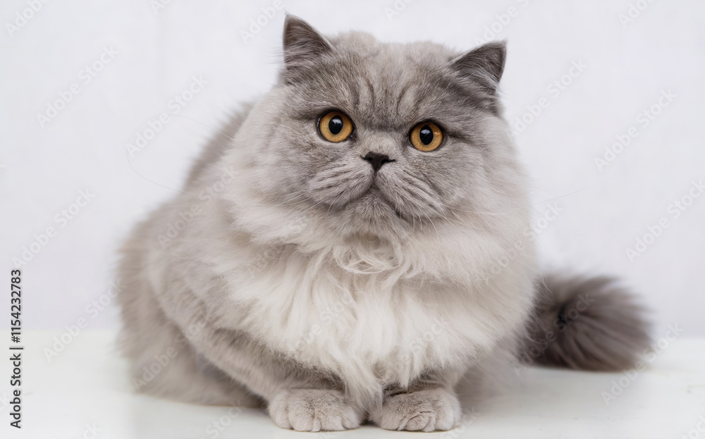 Fototapeta premium A fluffy, gray cat with striking yellow eyes. The cat is positioned centrally, with its body slightly angled to the viewer's left.