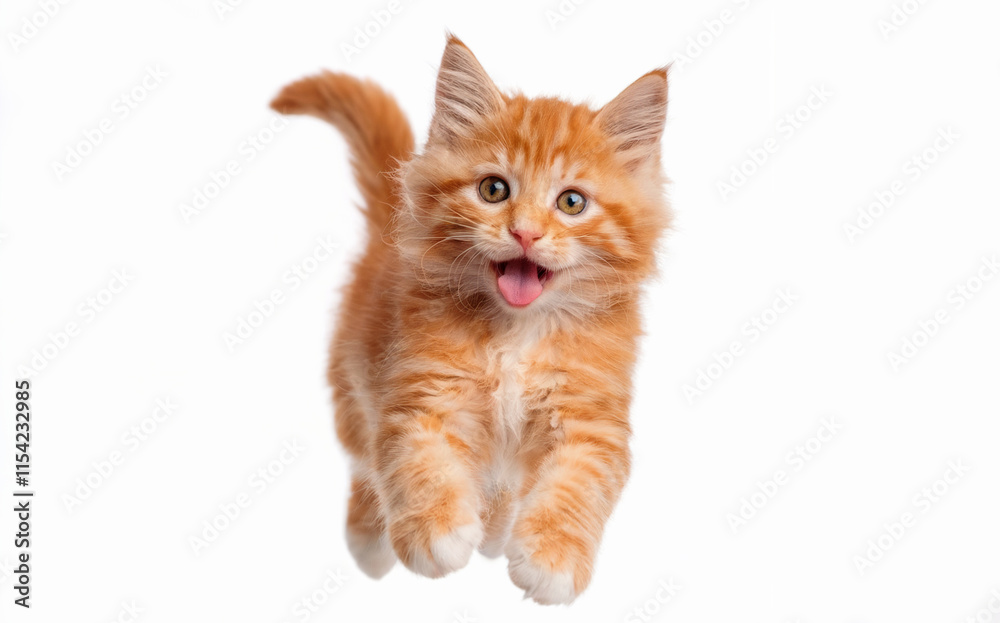 Obraz premium A vibrant orange kitten, seemingly in mid-jump or leap. The kitten's eyes are wide open, and its tongue is slightly sticking out. 