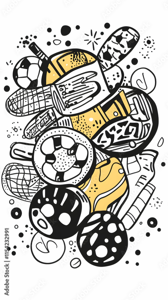 Fototapeta premium Doodle Sports Equipment Background Illustration.