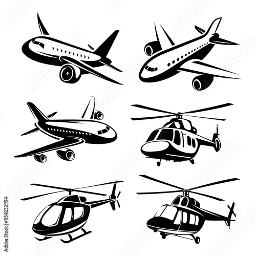 
airplane and helicopter icons set