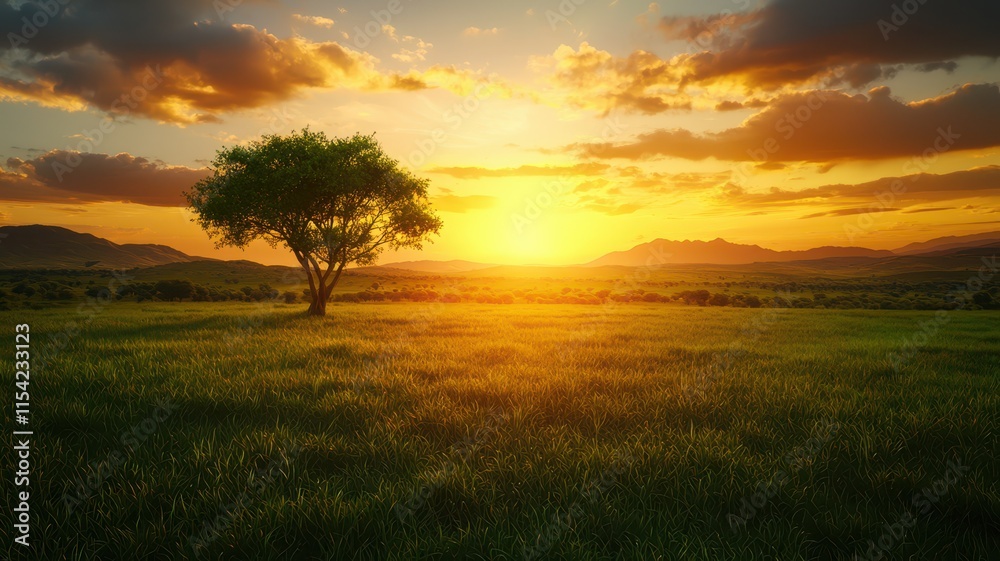 Fototapeta premium A tranquil landscape featuring a lone tree silhouetted against a vibrant sunset, casting warm hues over a grassy field and distant hills.