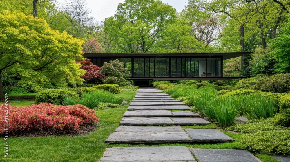 Naklejka premium Tranquil Garden Pathway Leading to Modern Architectural Design