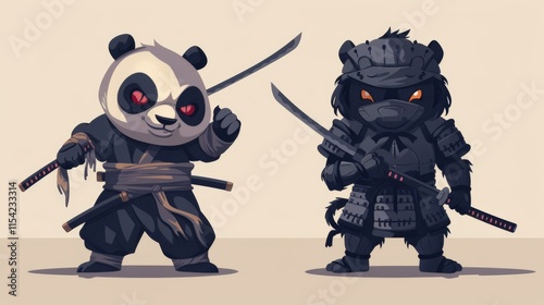 illustraction of techwear chibi panda ninjas robot mecha future JAPANESE VIBE detailed design for streetwaer and urban style t-shirts design photo