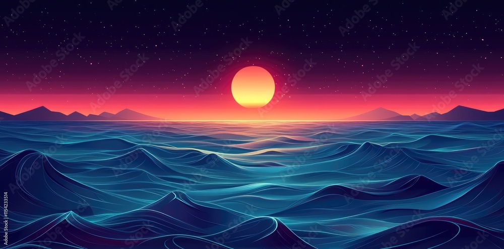 Retro Sunset Over Ocean Waves and Distant Mountains Retro Sunset Over Ocean Waves and Distant Mountains