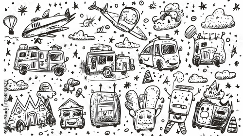 Doodle Travel Adventure Vehicles Sky Background Design Illustration. photo