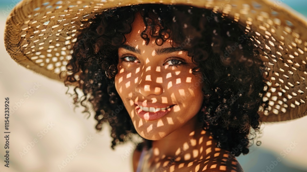 Happy woman in straw hat, sunlight shadows on face. Happy woman in straw hat, sunlight shadows on face.