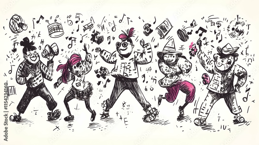 Obraz premium Festive Cartoon Characters Dancing at Carnival Celebration.