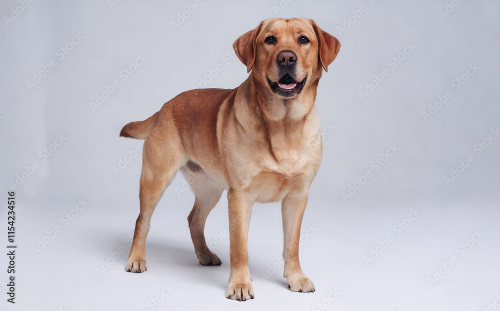 A well-groomed, adult dog, possibly a Labrador Retriever, standing upright on a plain white background. A well-groomed, adult dog, possibly a Labrador Retriever, standing upright on a plain white background.