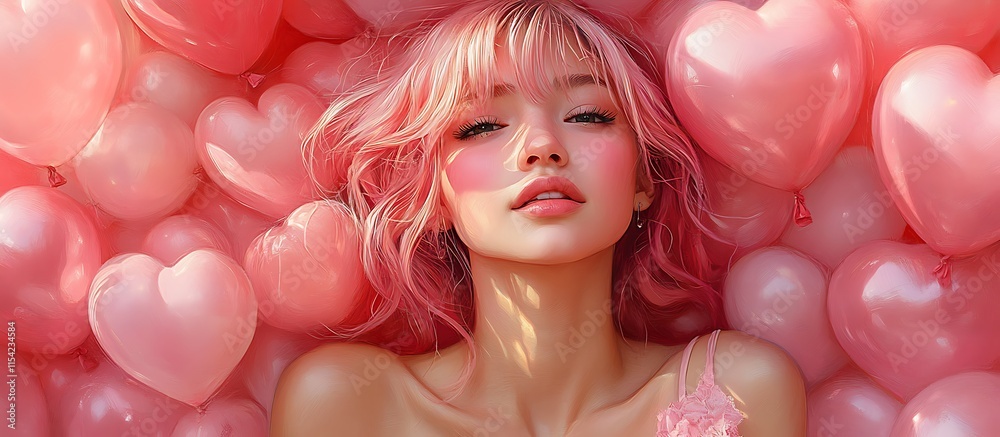 Person with pink hair lying in a colorful pile of balloons
Person with pink hair lying in a colorful pile of balloons