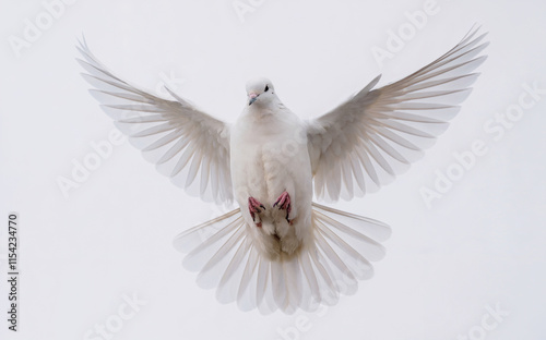 A white dove in mid-flight, spreading its wings wide open against a clear, pale blue sky.  photo