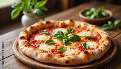 Delicious margherita pizza topped with fresh basil served on a wooden board in a cozy kitchen setting 